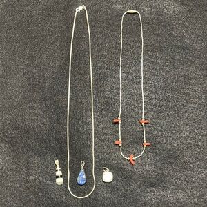 Sterling Silver chain with 3 sterling pendants. Bonus red coral necklace!